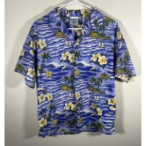 Hana Fashion Hawaiian Shirt Mens Medium Purple Tropical Hibiscus Made in Hawaii